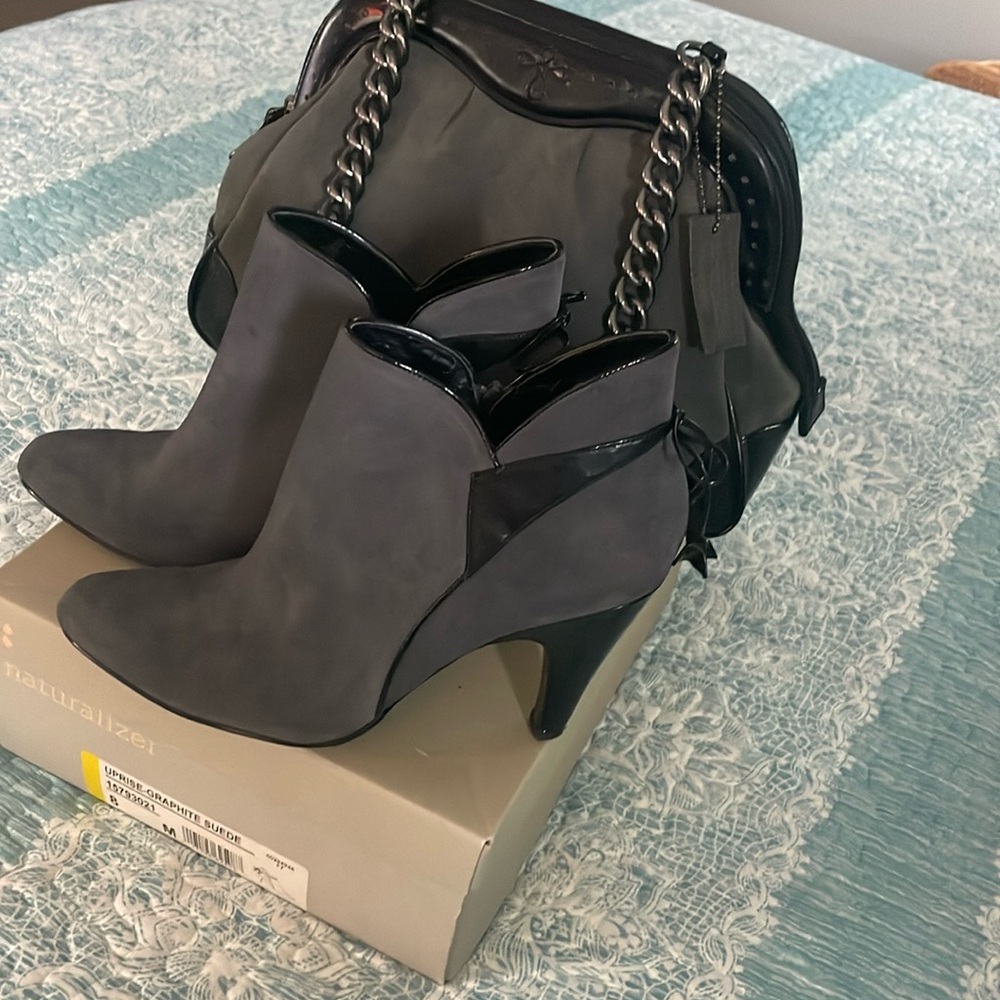 Grey suede booties and matching bag